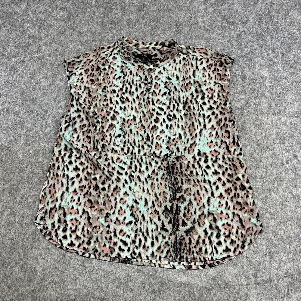 J Crew Blouse Womens L Multicolor Leopard Print Sleeveless Henley Top Casual